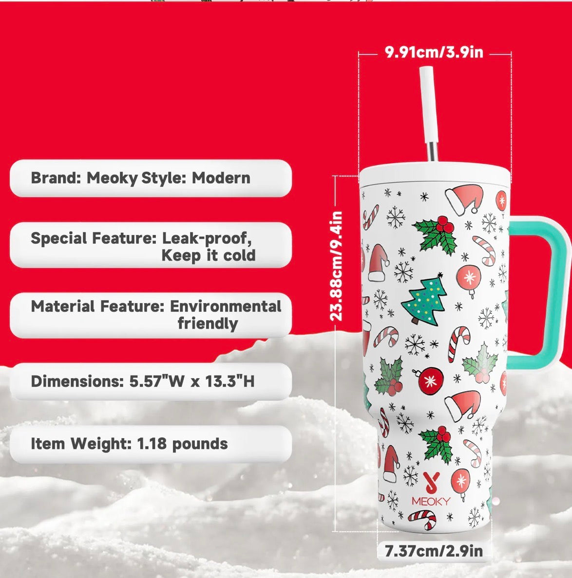 Meoky 40oz Tumbler With Straw Christmas Collection-White Christmas